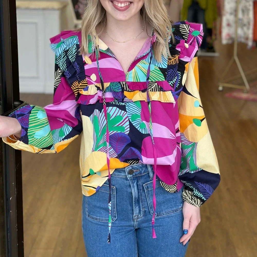 Ruffled Pink and Purple Graphic Blouse - Picture 3 of 8